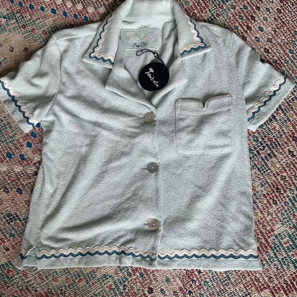 NWT Tombolo Rick Rack Cabana top Crop Cut Sky Blue M - Picture 2 of 4